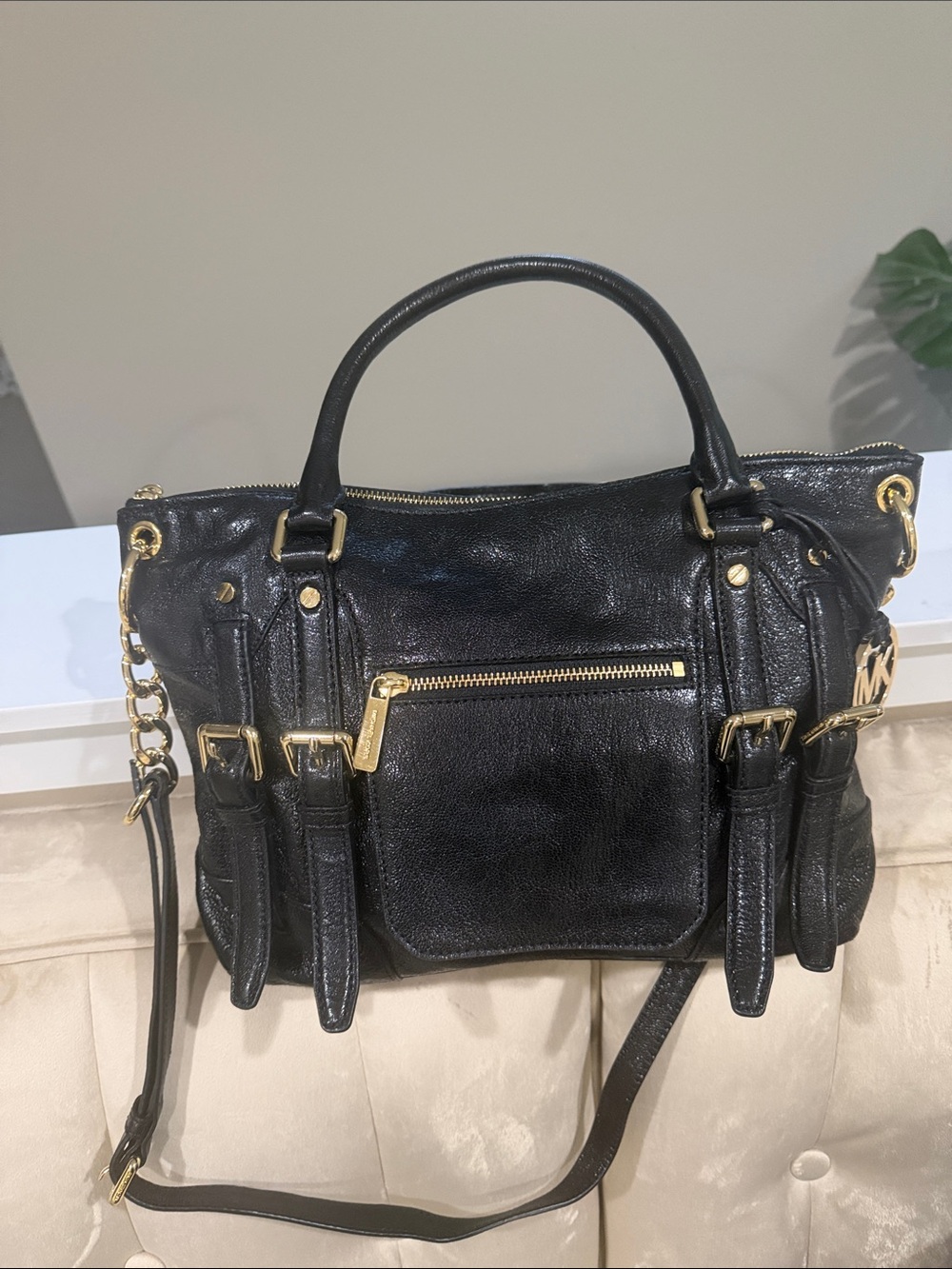Michael Kors Black Leather Shoulder Bag with Gold Hardware